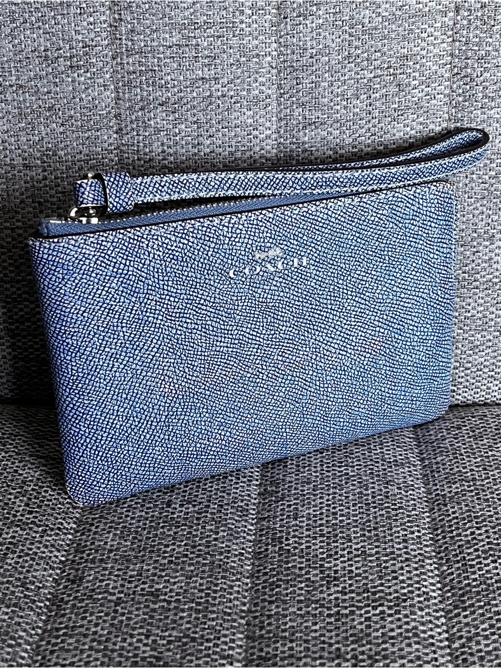 Coach Light Blue Pebbled Leather Card Case Wristlet